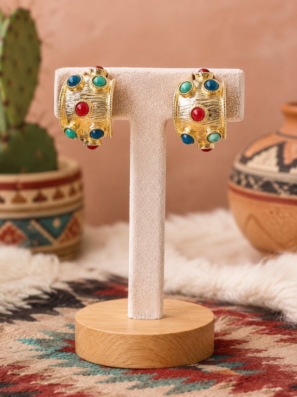 Amrita Singh Stone Embellished Textured Gold Dipped Gem Wide Hoop Earrings